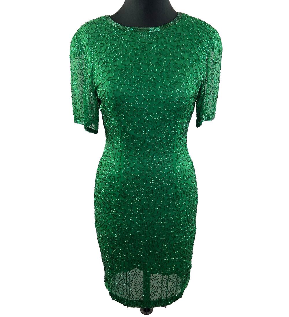 MORGAN TAYLOR Evening Cocktail Mini Beaded Vibrant Green Dress Size 4 S Small
